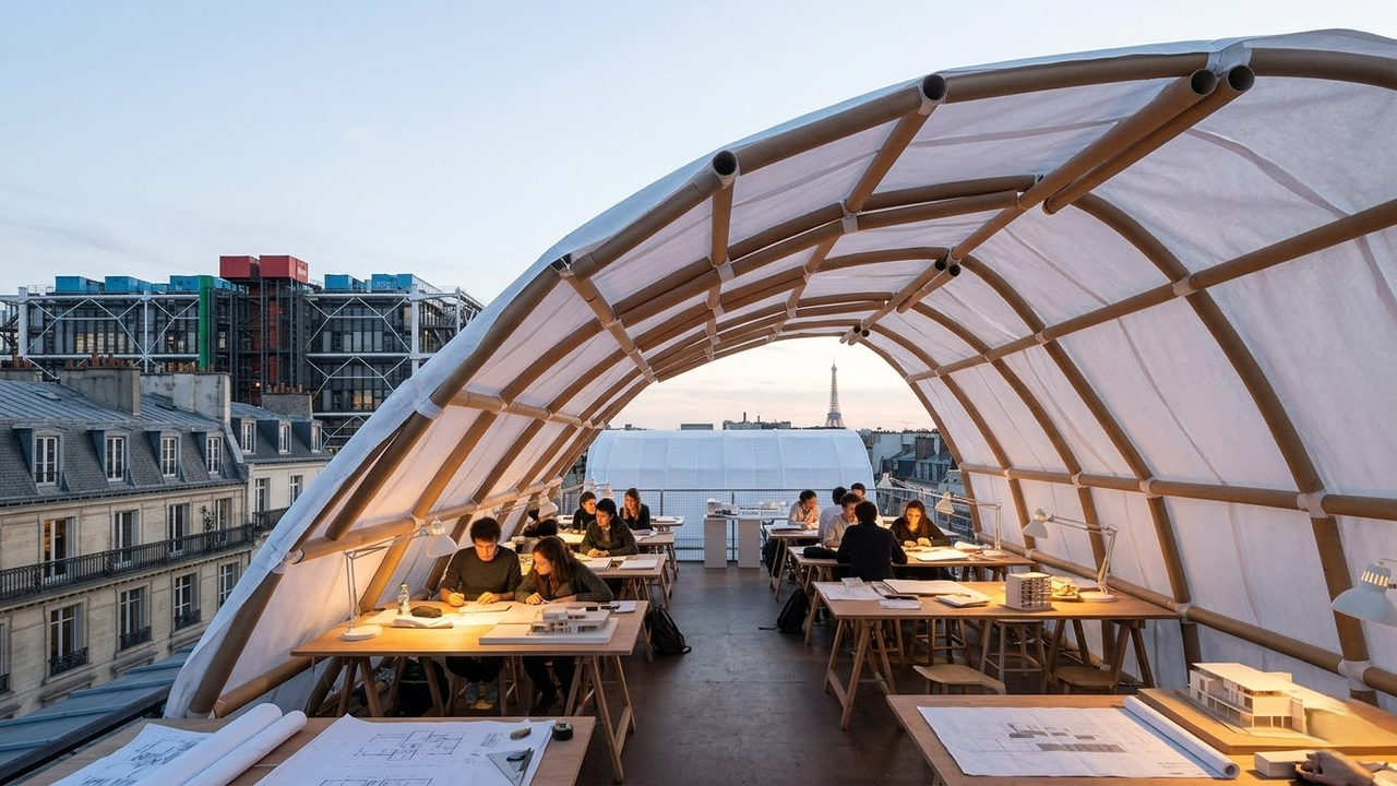 Estúdio de papelão no topo de um prédio em Paris durante o crepúsculo.