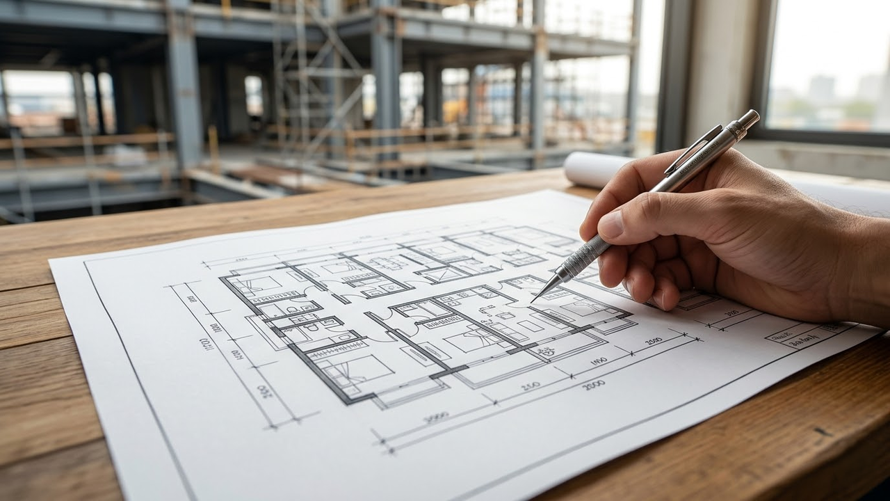 Detalhe do plano arquitetônico com obra ao fundo.