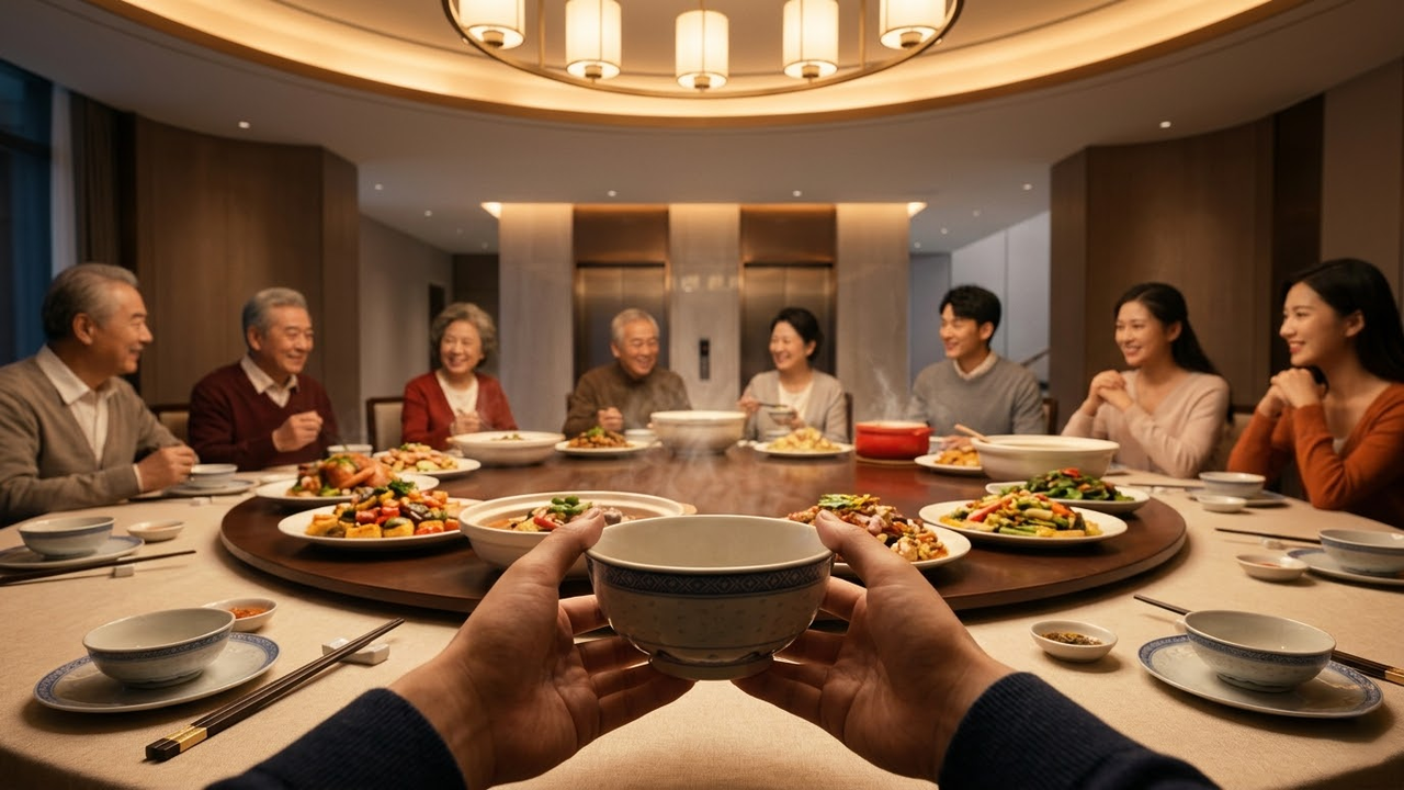 Visão em primeira pessoa de um banquete em família no salão.