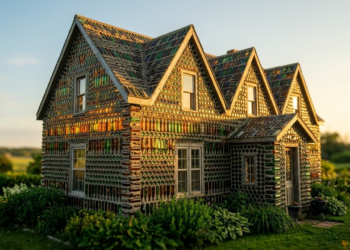 Casa de garrafas brilhando intensamente sob a luz do pôr do sol.