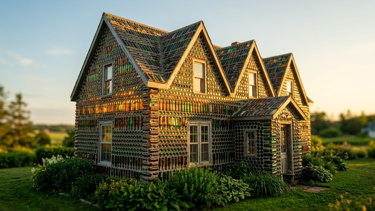 Casa de garrafas brilhando intensamente sob a luz do pôr do sol.