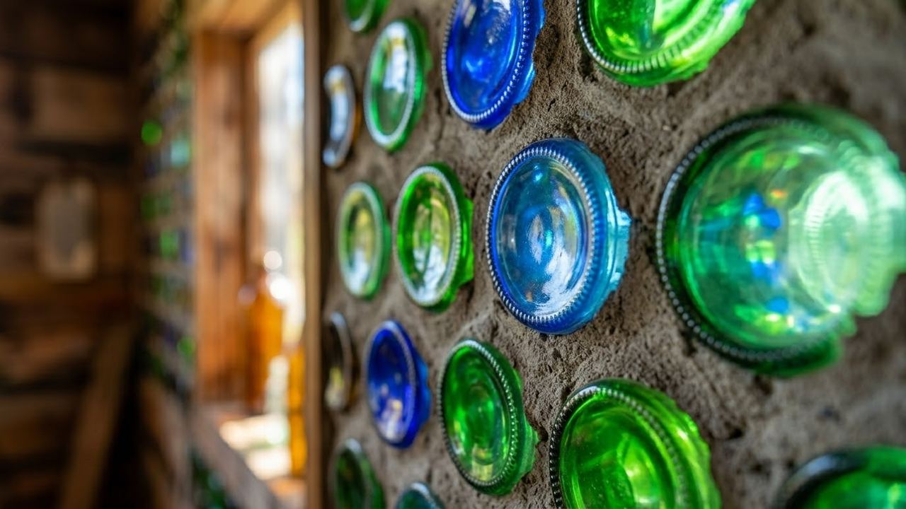 Detalhe macro da luz atravessando as garrafas na parede de alvenaria.