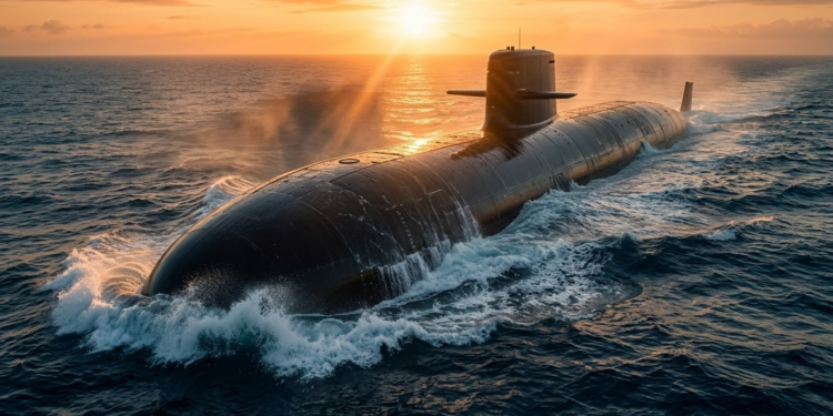 Drone submarino gigante Orca emergindo durante o pôr do sol tropical.