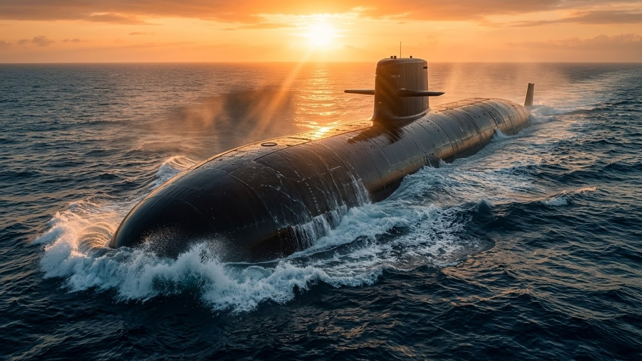 Drone submarino gigante Orca emergindo durante o pôr do sol tropical.