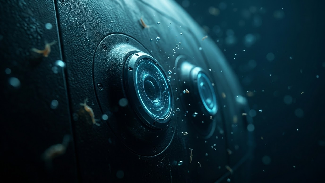 Detalhe em macro dos sensores de sonar e IA do drone submarino.