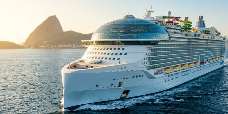 O maior navio do mundo chegando ao Rio de Janeiro no pôr do sol.