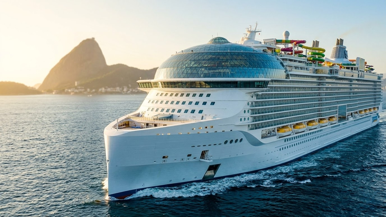O maior navio do mundo chegando ao Rio de Janeiro no pôr do sol.