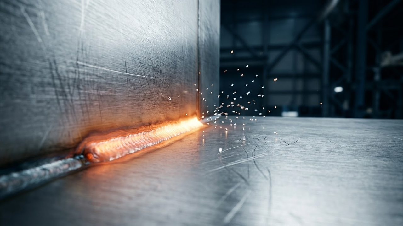 Detalhe macro da soldagem robótica no casco duplo de aço.