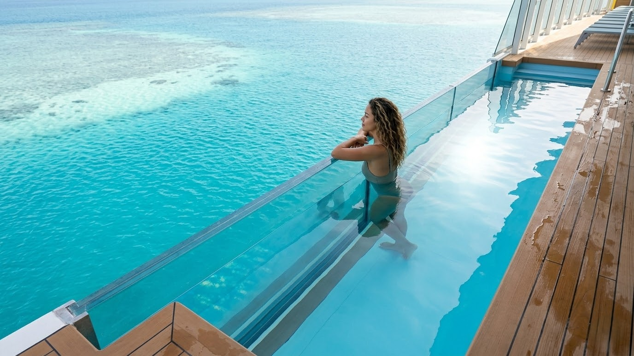 Passageira observando o mar cristalino de uma piscina infinita suspensa.