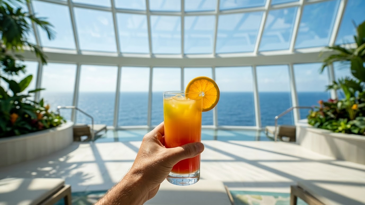 Visão em primeira pessoa sob a cúpula de vidro na proa do navio.