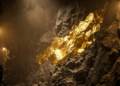 Veio de ouro puro reluzindo dentro de uma caverna de rocha escura.