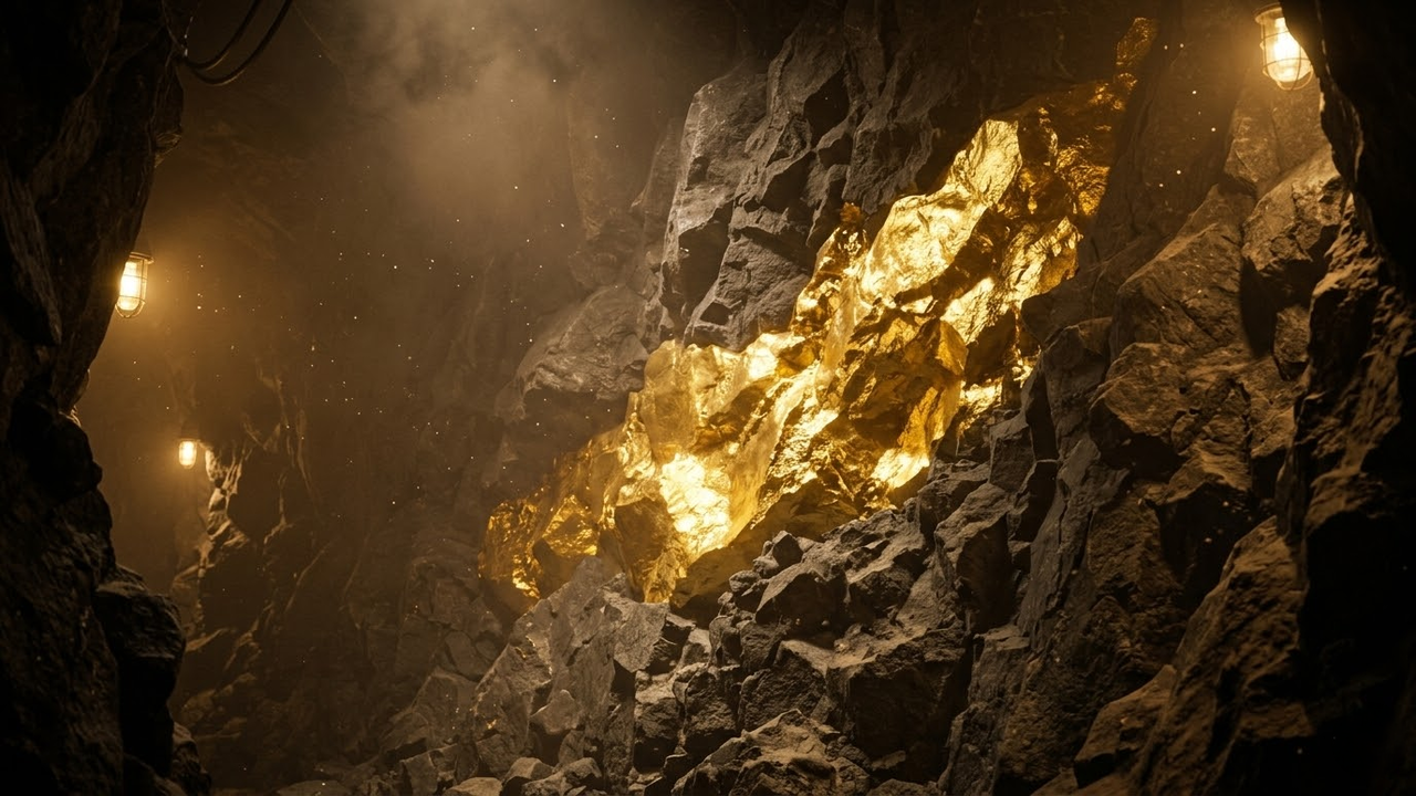 Veio de ouro puro reluzindo dentro de uma caverna de rocha escura.