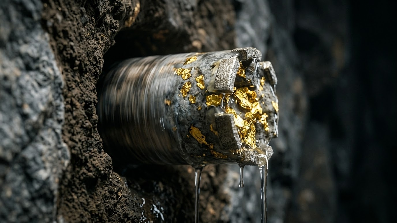 Close do núcleo de rocha com fragmentos de ouro sendo extraído.