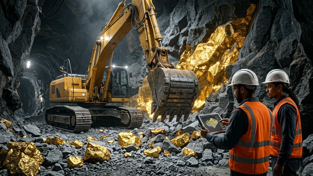 Escavadeira pesada em túnel de mineração repleto de minério de ouro.