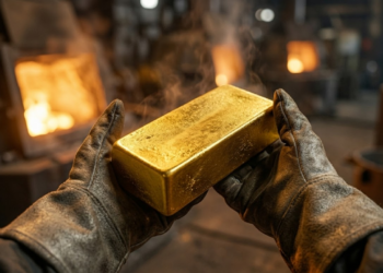 Visão em primeira pessoa segurando um lingote de ouro maciço recém-fundido.