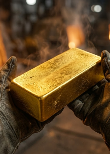 Visão em primeira pessoa segurando um lingote de ouro maciço recém-fundido.