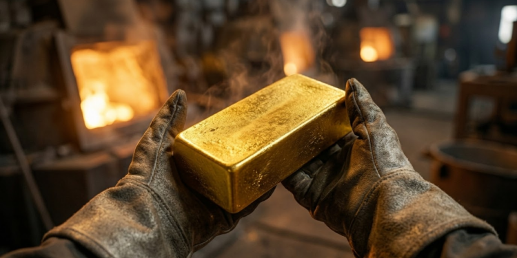 Visão em primeira pessoa segurando um lingote de ouro maciço recém-fundido.