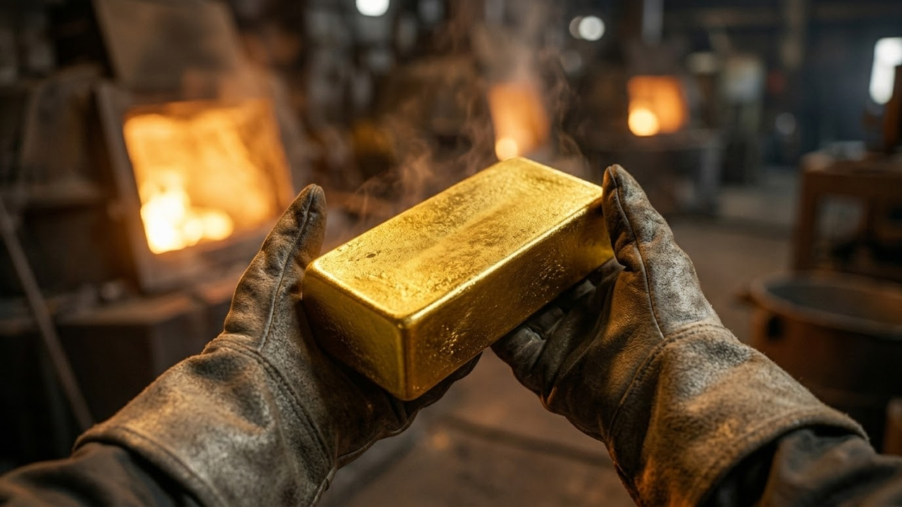 Visão em primeira pessoa segurando um lingote de ouro maciço recém-fundido.