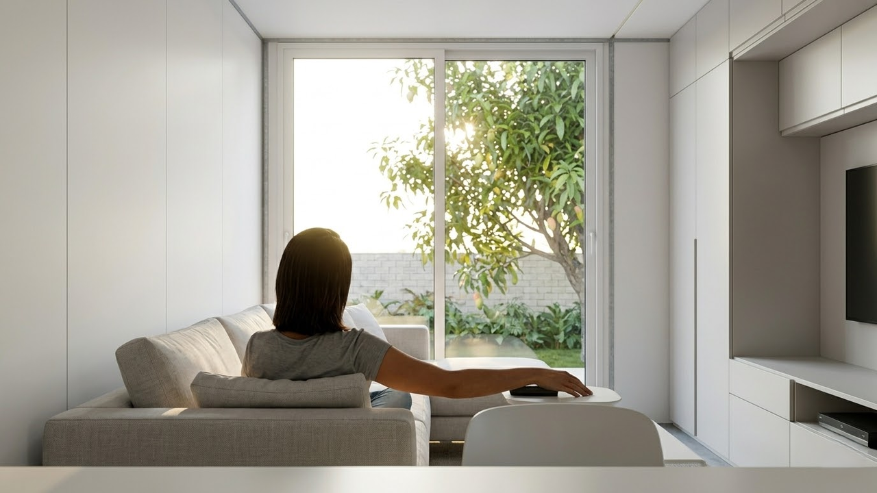 Moradora aproveitando o frescor interno da casa modular.