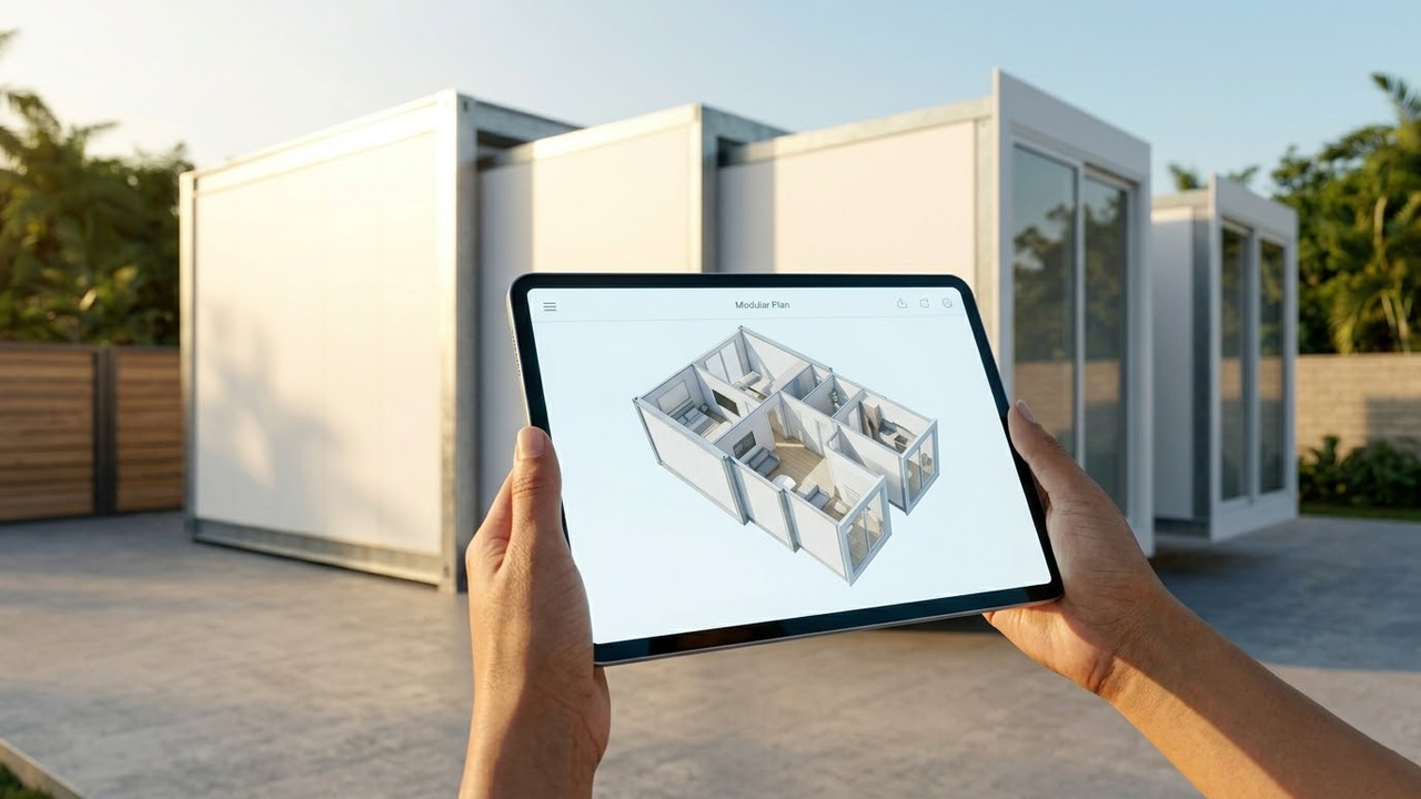 Visão em primeira pessoa conferindo a planta da casa pronta.