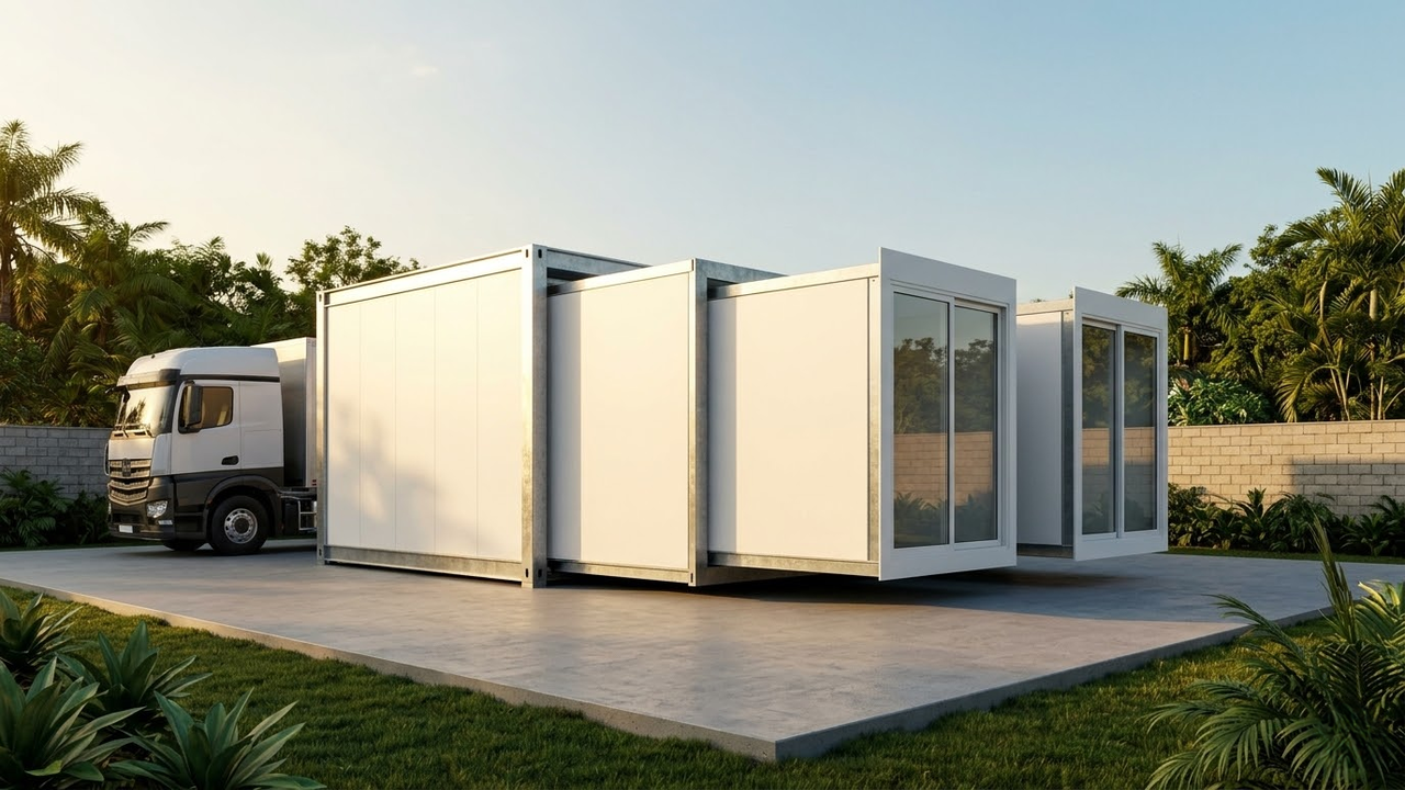 Casa modular dobrável se abrindo sob a luz do pôr do sol.