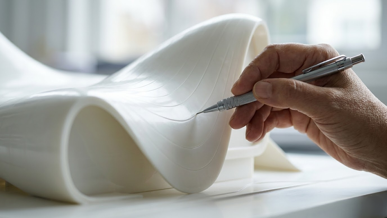 Close macro em maquete branca curvada sendo ajustada por um designer.