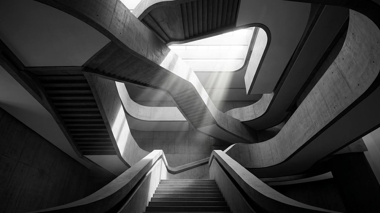 Visão em primeira pessoa olhando para cima as escadas suspensas do MAXXI.