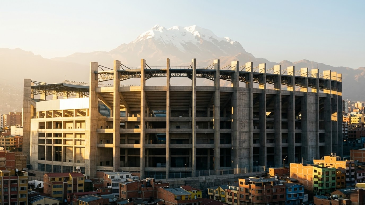 Arena monumental sob a luz dourada com o monte Illimani ao fundo.
