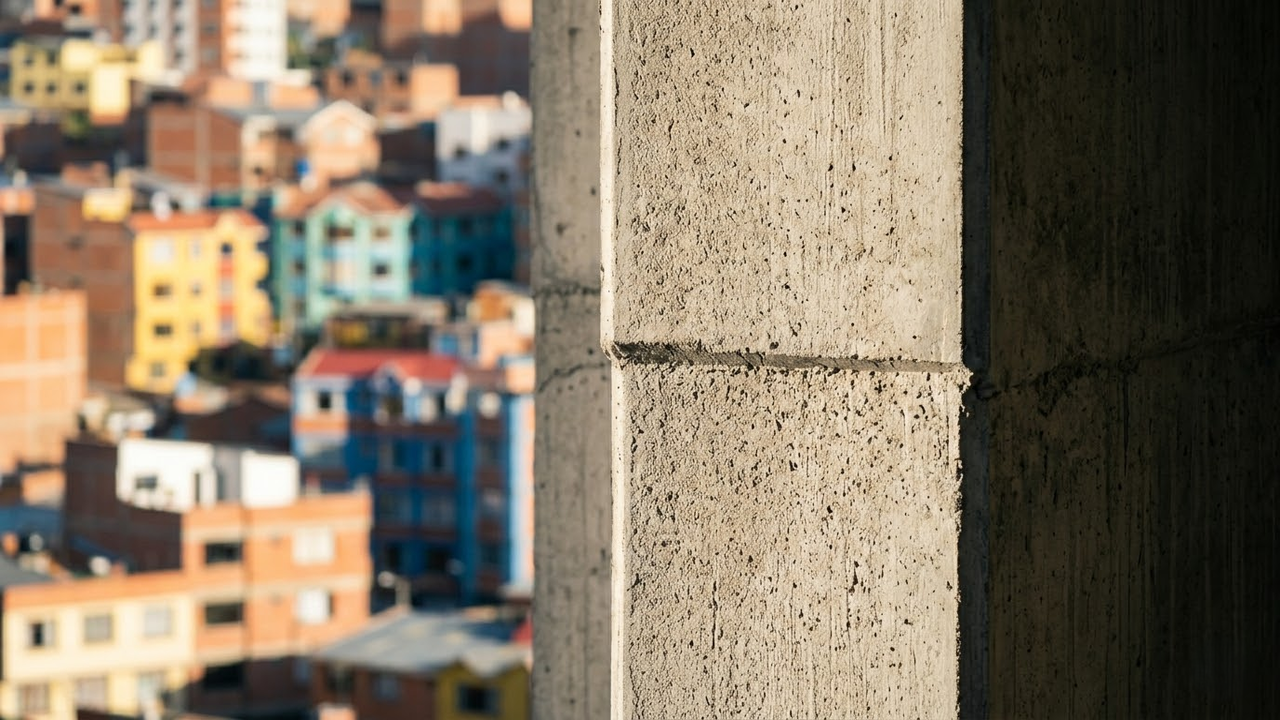 Detalhe macro da textura do pilar de concreto sob o sol andino.