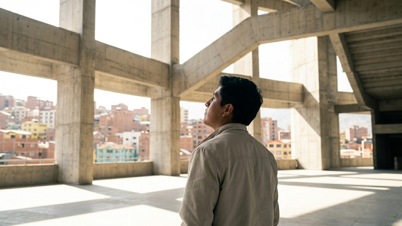 Morador observa a grandiosidade da praça sob o estádio elevado.