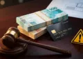 Notas de Real, cartão de luxo, martelo de juiz e ícone de perigo sobre mesa escura.