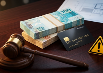 Notas de Real, cartão de luxo, martelo de juiz e ícone de perigo sobre mesa escura.