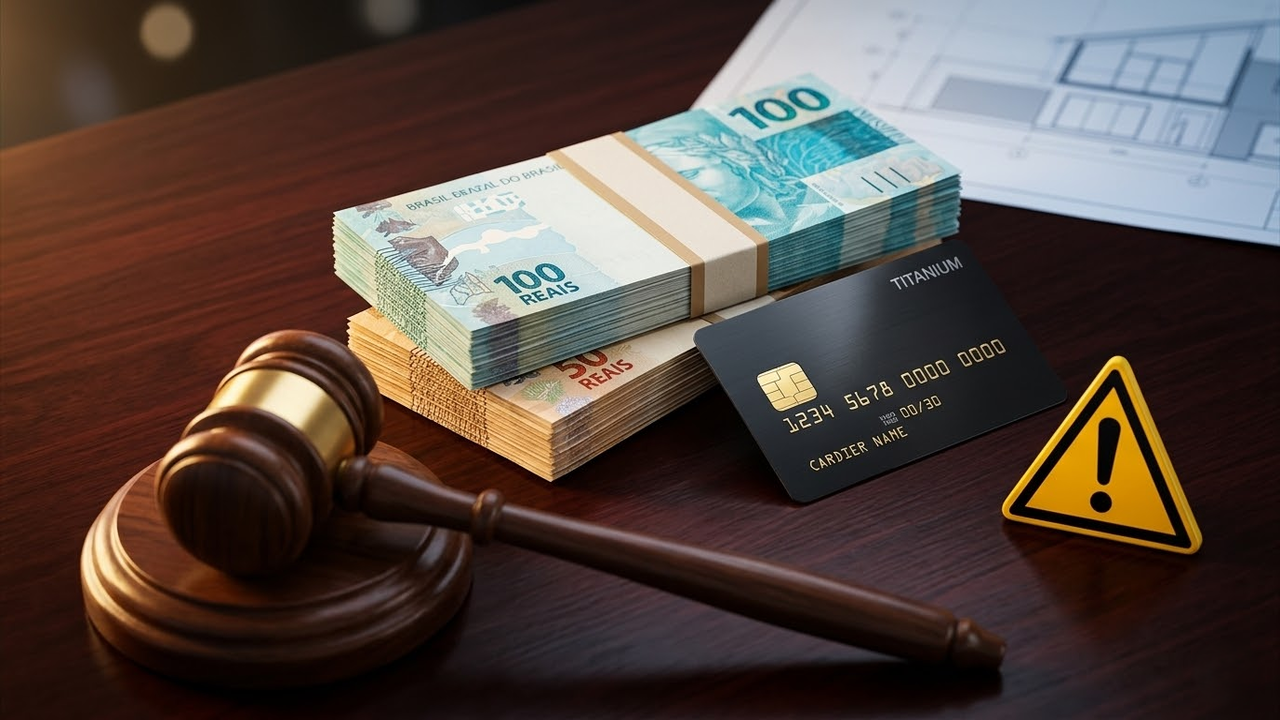 Notas de Real, cartão de luxo, martelo de juiz e ícone de perigo sobre mesa escura.