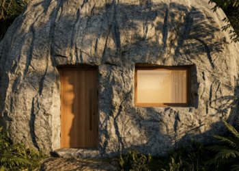 Fachada minimalista de casa escavada na rocha sob a luz do entardecer.