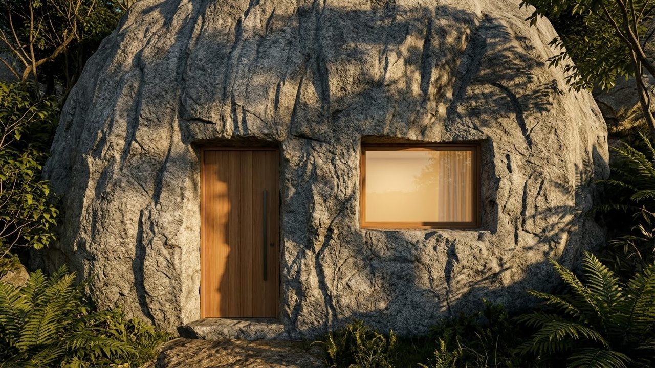 Fachada minimalista de casa escavada na rocha sob a luz do entardecer.