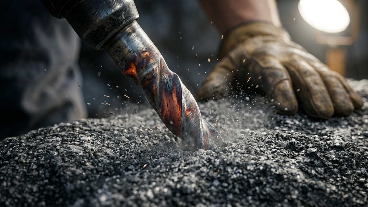 Detalhe em macro da broca perfurando a rocha maciça com poeira e faíscas.