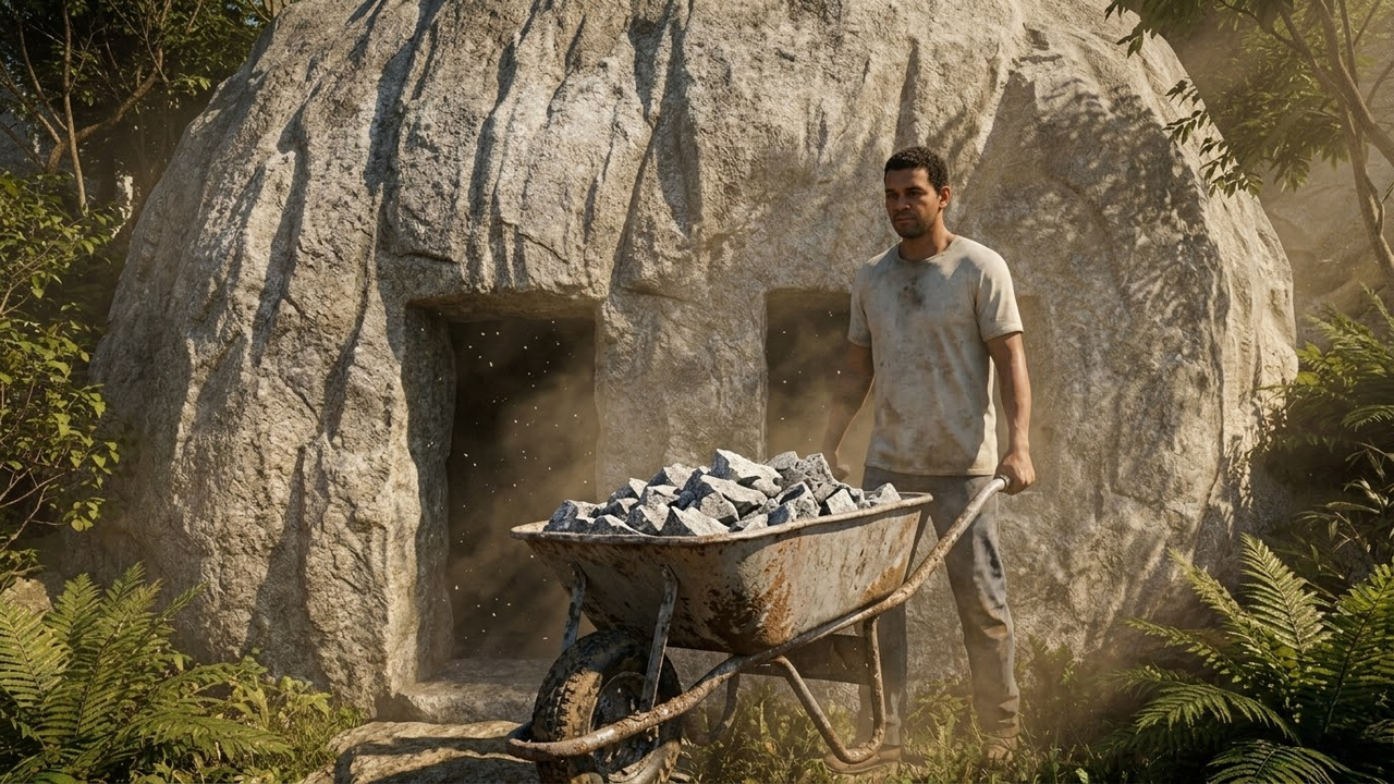 Construtor removendo escombros de pedra em canteiro de obras artesanal.