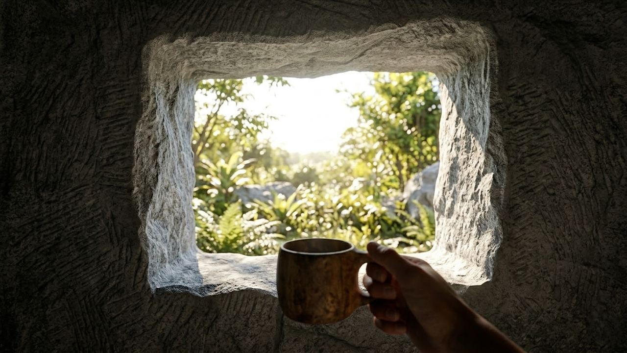 Visão em primeira pessoa do interior fresco da casa de pedra para o jardim.