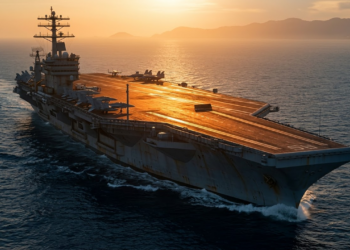 Porta-aviões Nimitz navegando sob a luz dourada do pôr do sol.