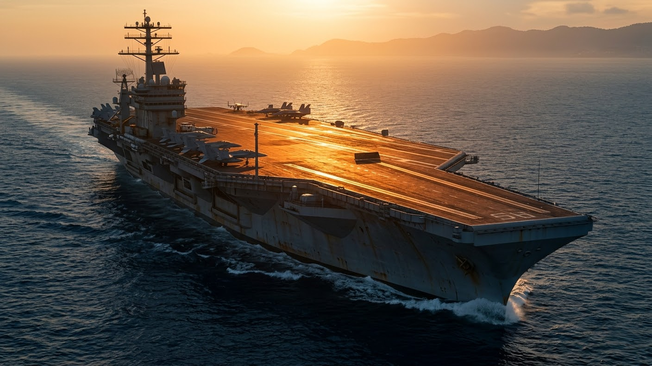 Porta-aviões Nimitz navegando sob a luz dourada do pôr do sol.