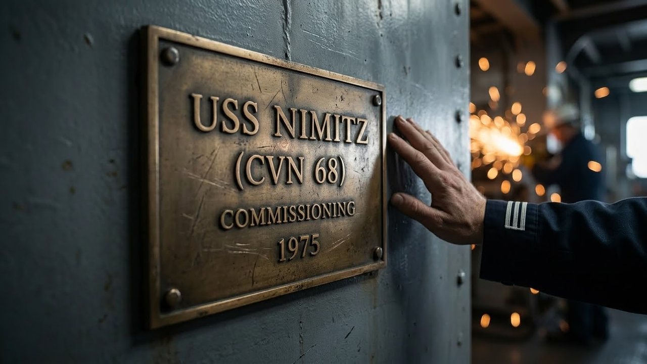 Detalhe em close de placa histórica de bronze no interior do navio.