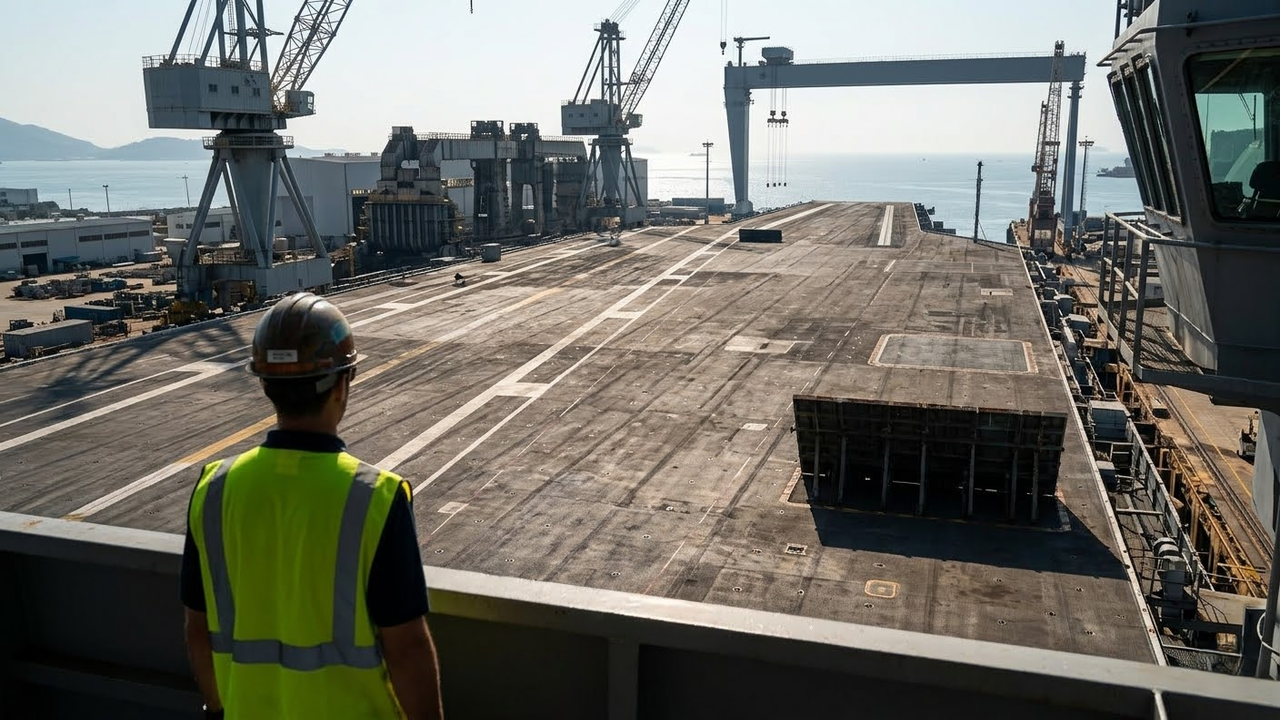 Vista do convés do porta-aviões chegando ao estaleiro de desmanche.