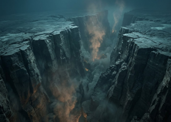 Monumental falha tectônica fotorrealista rasgando o fundo do oceano em câmera lenta.