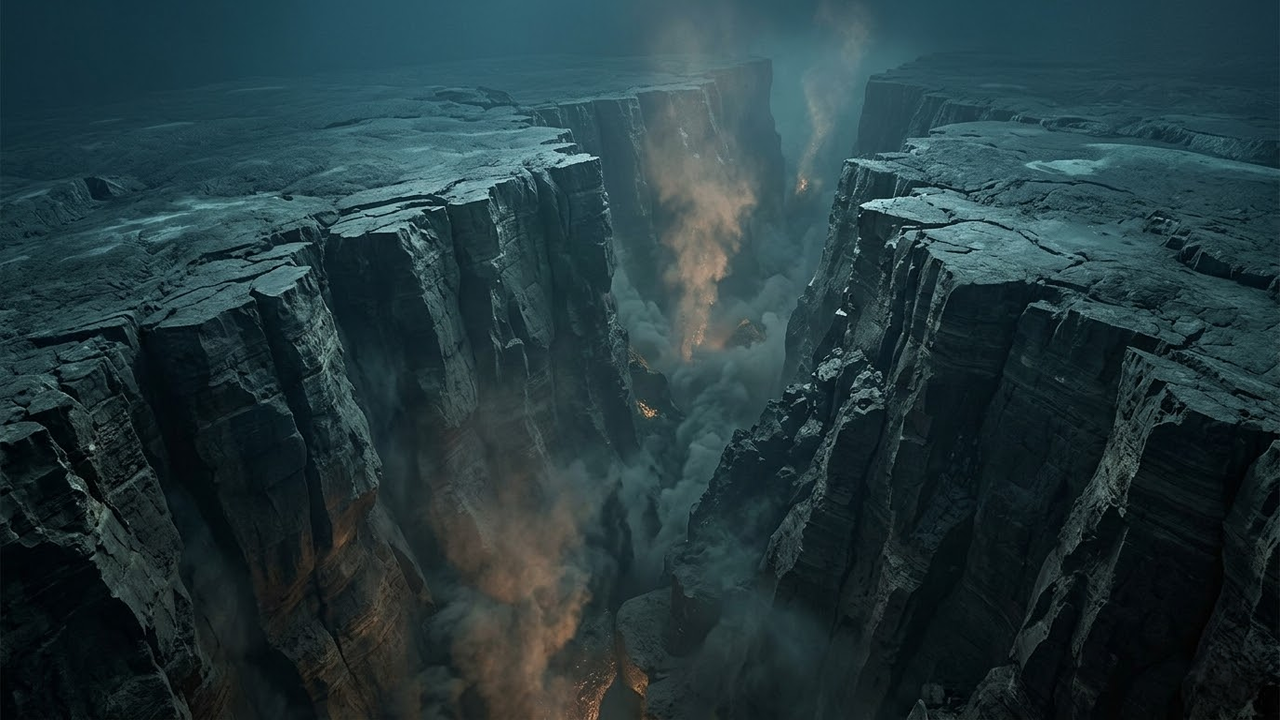 Monumental falha tectônica fotorrealista rasgando o fundo do oceano em câmera lenta.