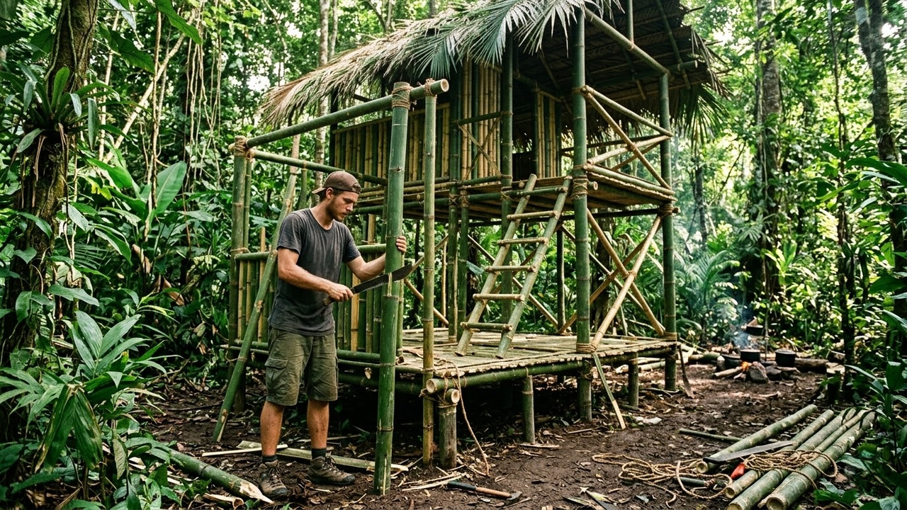 Construção de cabana sustentável na selva