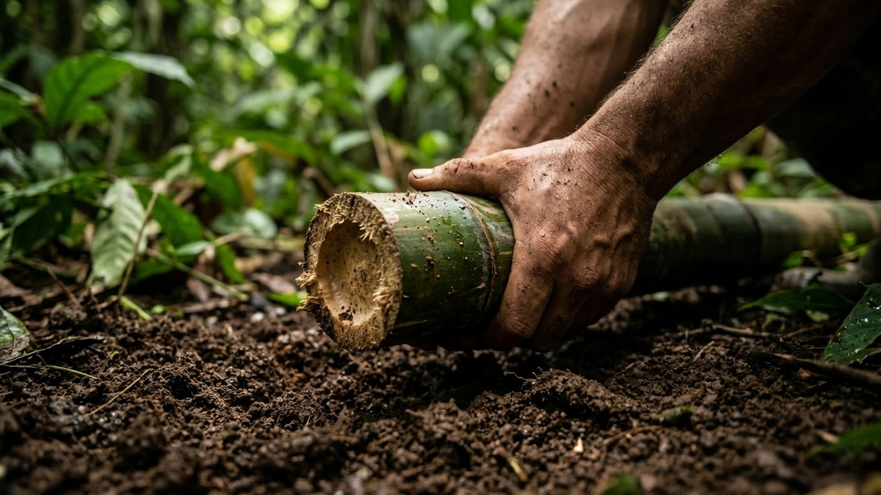 Detalhe das mãos cravando um pilar de bambu no solo úmido da floresta.
