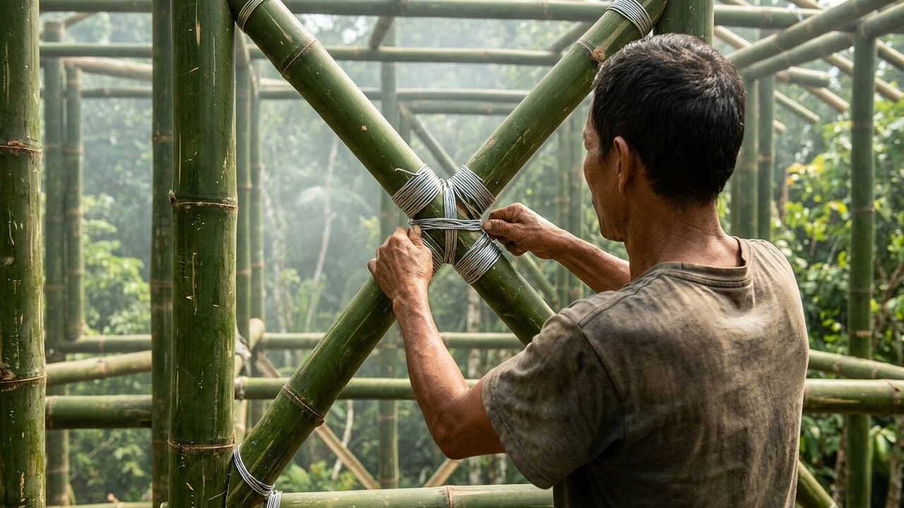 Construtor reforçando a estrutura de bambu com amarrações de arame galvanizado.