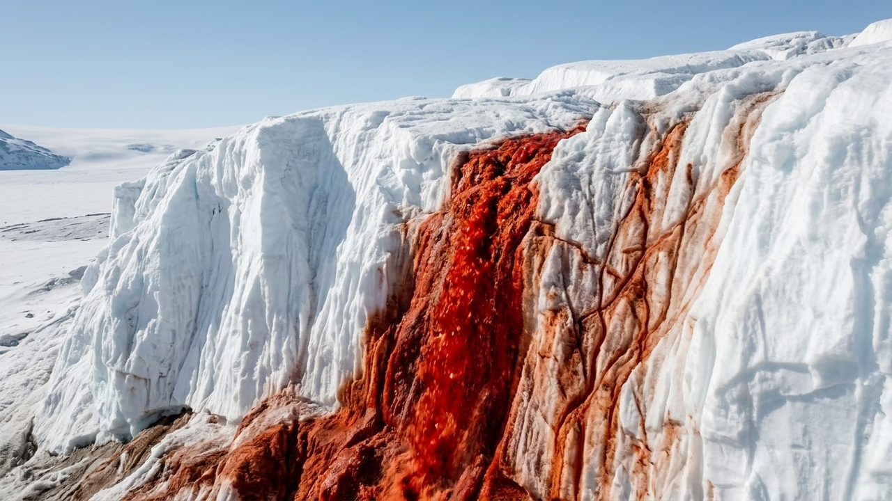 Cascata de água vermelha escorrendo sobre o gelo branco da Antártida.