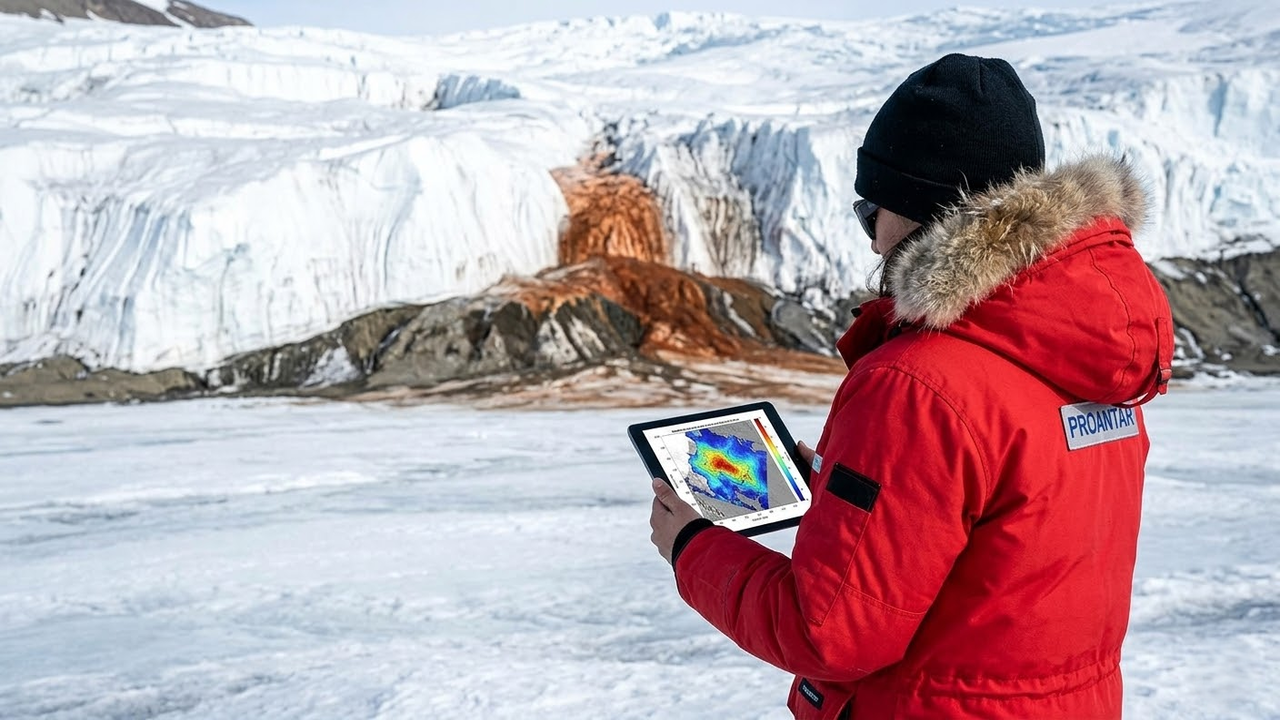 Pesquisadora observa a imensidão da geleira com dados de mapeamento.