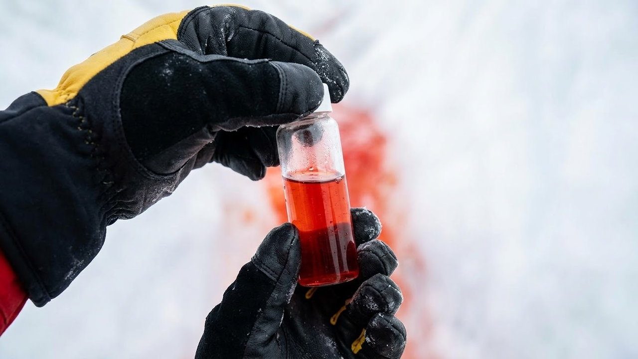 Visão em primeira pessoa recolhendo uma amostra da água vermelha.